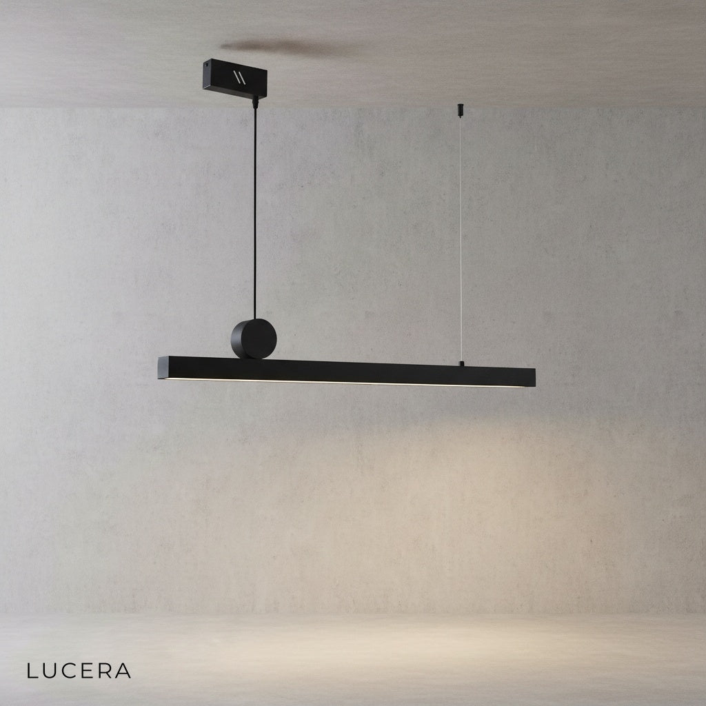 Close-up of Angelo chandelier acrylic diffuser and matte black metal arm detail