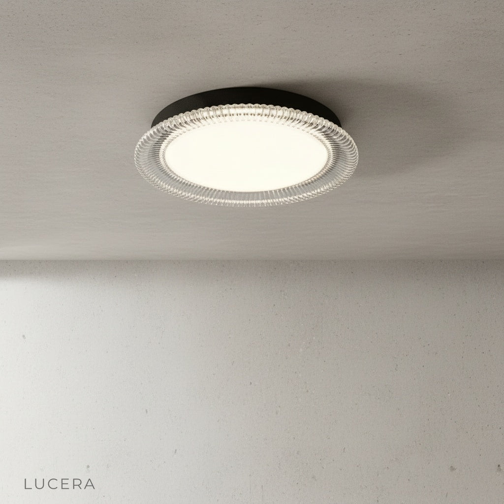 flush mount ceiling light front view with textured acrylic ring and smooth diffused center