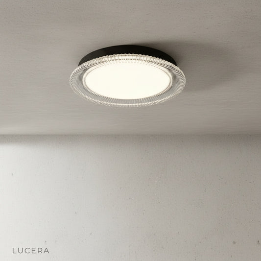 flush mount ceiling light front view with textured acrylic ring and smooth diffused center