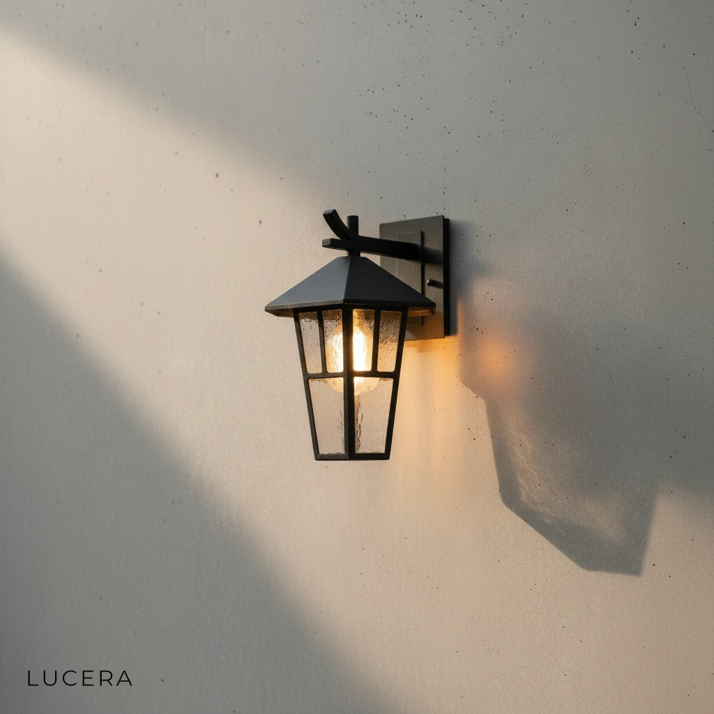 Portia wall lamp side profile highlighting slim aluminum body and weatherproof seal