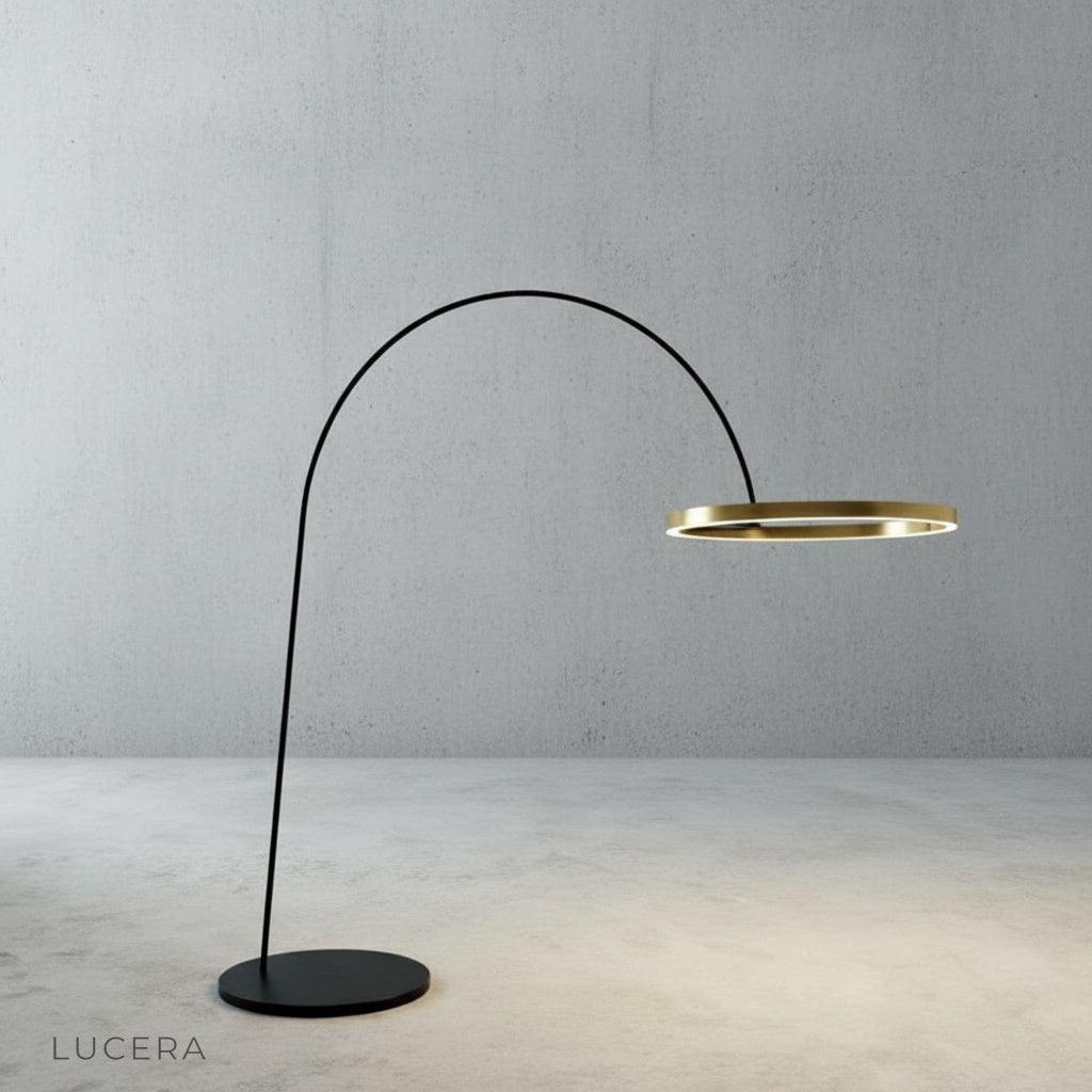 side profile of aluminum Unison floor lamp with concentric ring shade
