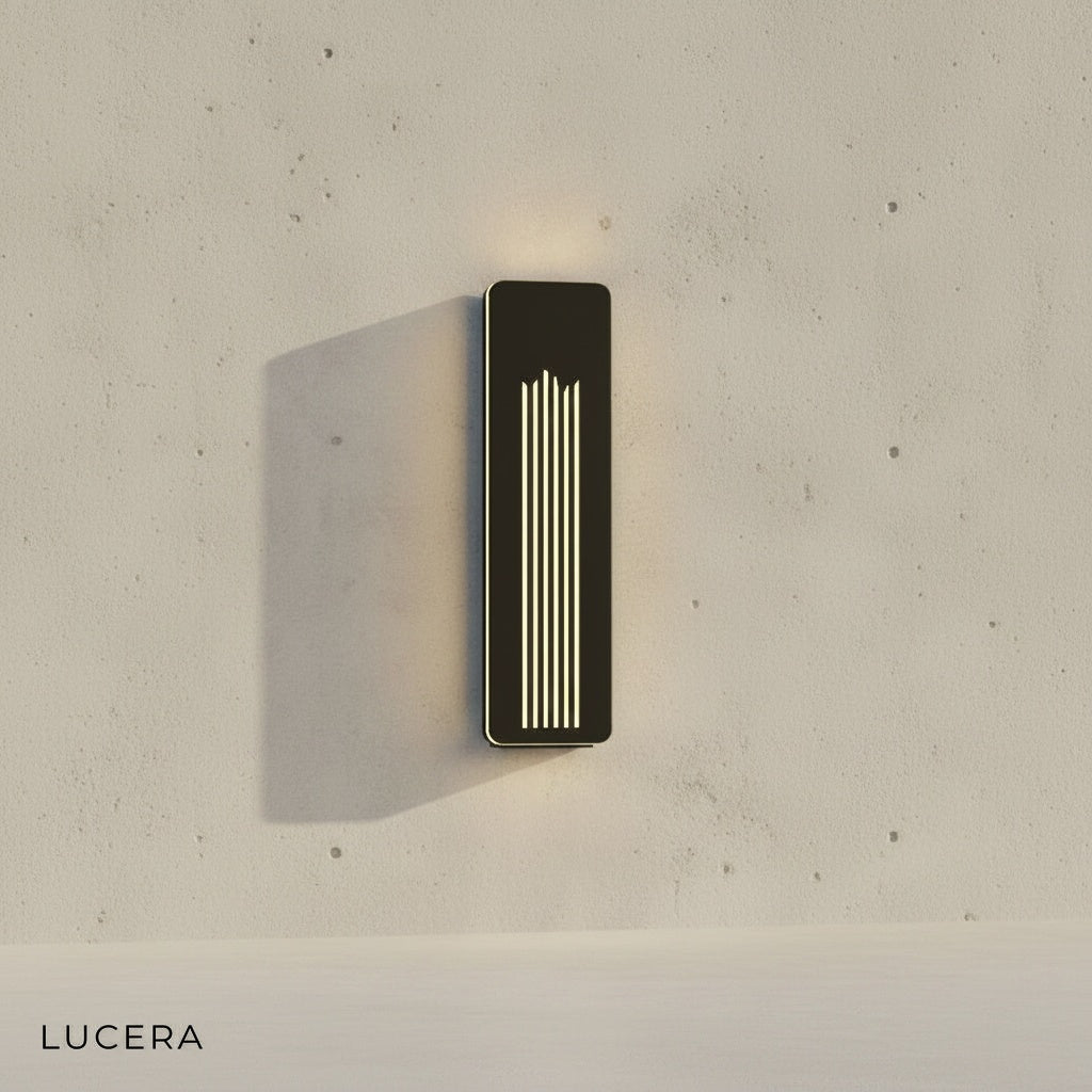 front view of sleek rectangular outdoor LED wall sconce with clean lines and matte black finish