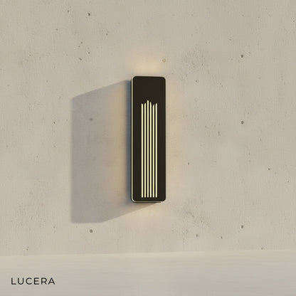 front view of sleek rectangular outdoor LED wall sconce with clean lines and matte black finish