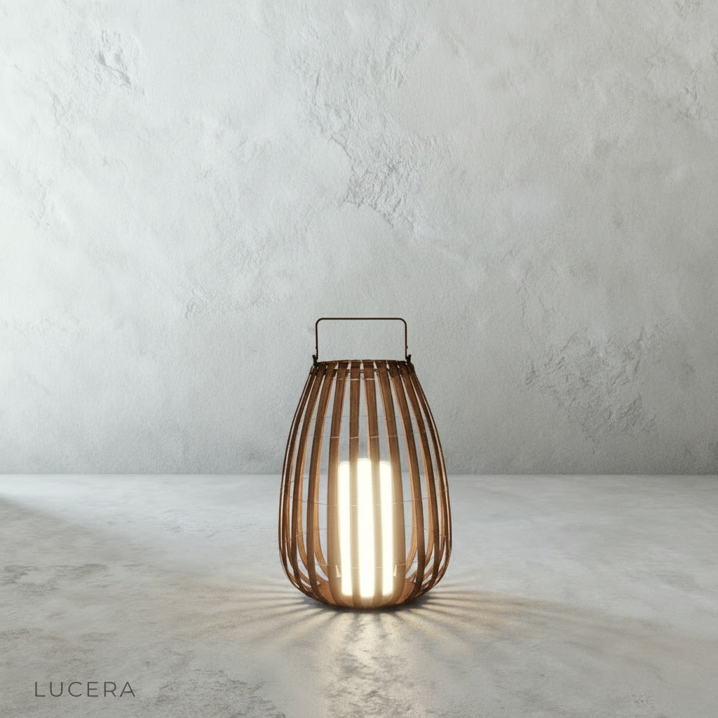 sleek outdoor lamp side profile in bright studio lighting with soft shadow