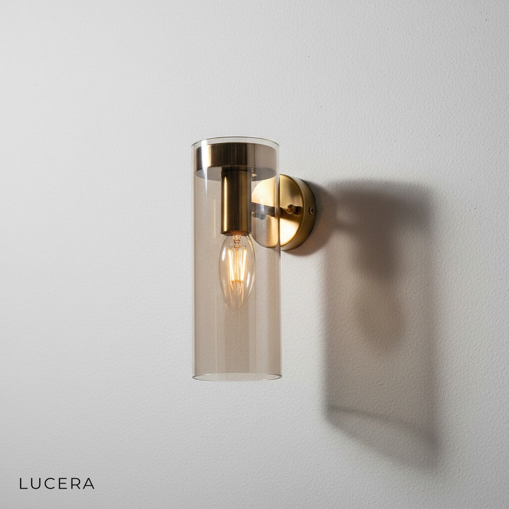 Medial wall lamp in rich cognac color mounted on classic interior wall with warm ambient light