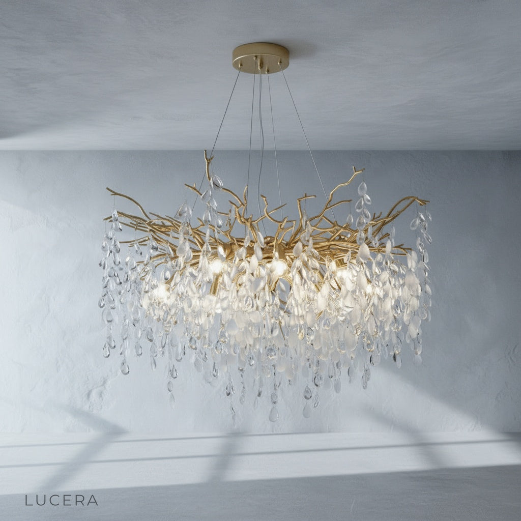 gold metal chandelier with textured crystal leaves front view