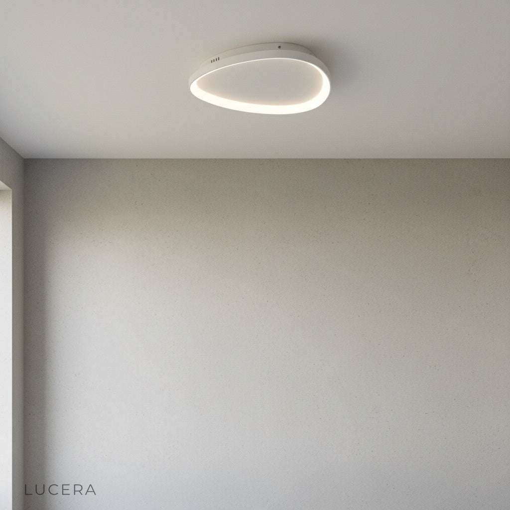 minimalist yurt ceiling light front view showing sleek aluminum construction and LED diffuser