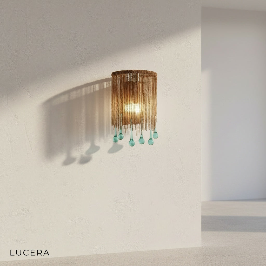 close-up detail of crystal and glass shade on Mesure wall lamp with warm LED light