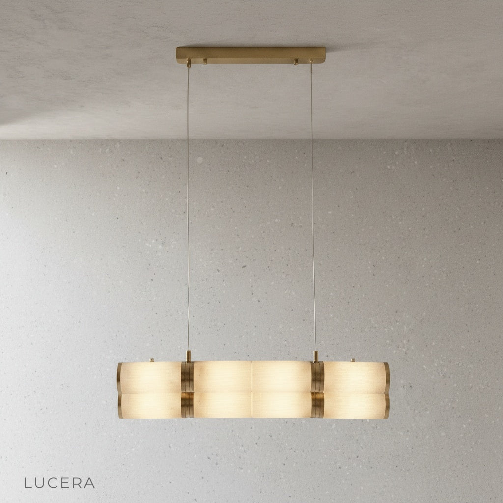 Front view of sleek black metal chandelier with natural stone alabaster diffuser