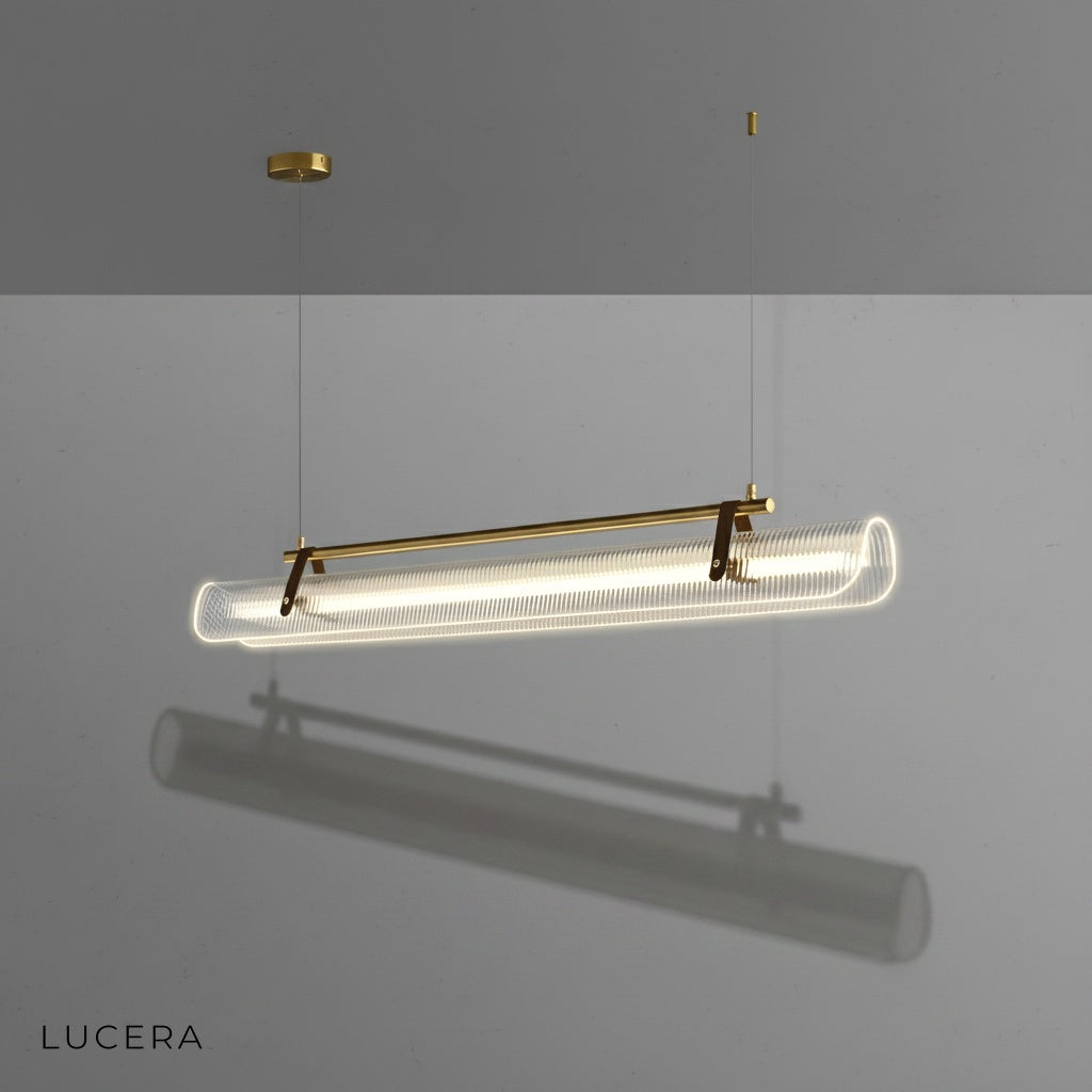 Alternate finish view of Naphthol chandelier with darker leather straps and brushed metal accents