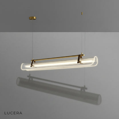 Alternate finish view of Naphthol chandelier with darker leather straps and brushed metal accents