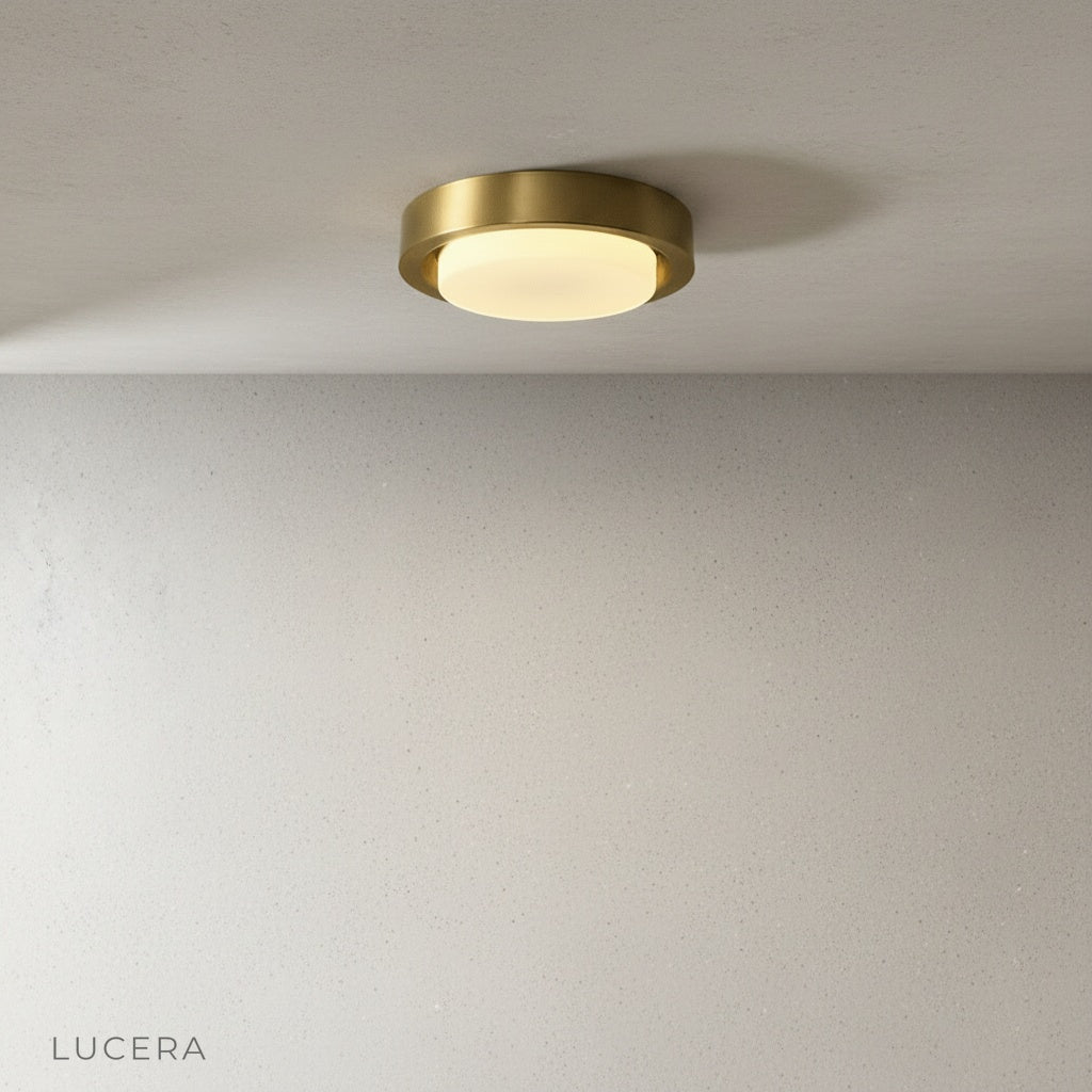 William Ceiling Light copper frame with frosted glass cover studio shot