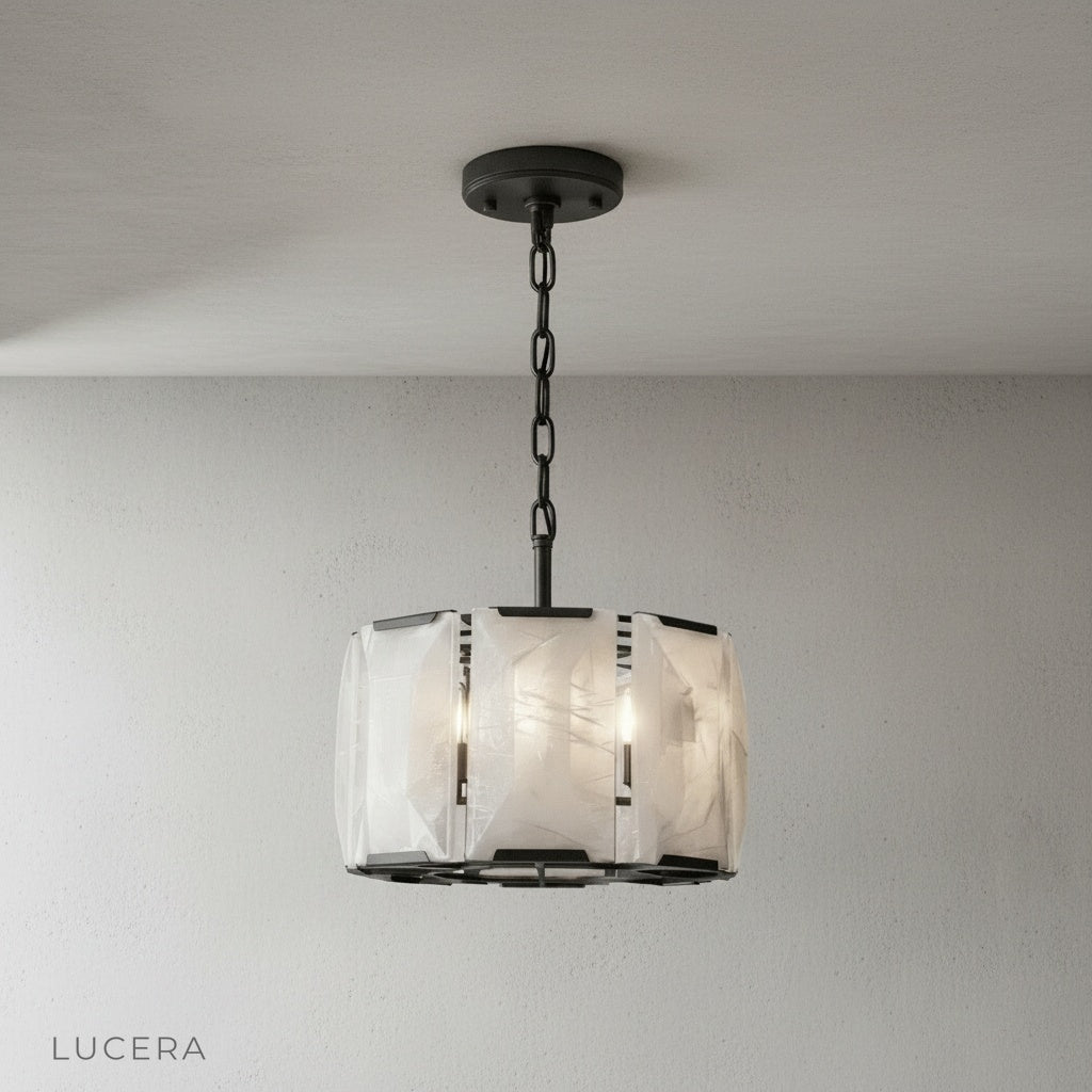 Vivid Round Alabaster Chandelier side profile showing translucent alabaster panels and brass hardware
