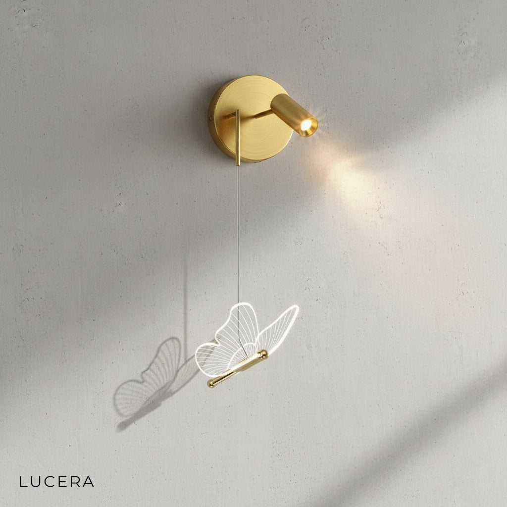 Close-up of the Piena butterfly lamp's acrylic wing texture and warm 3000K light diffusion