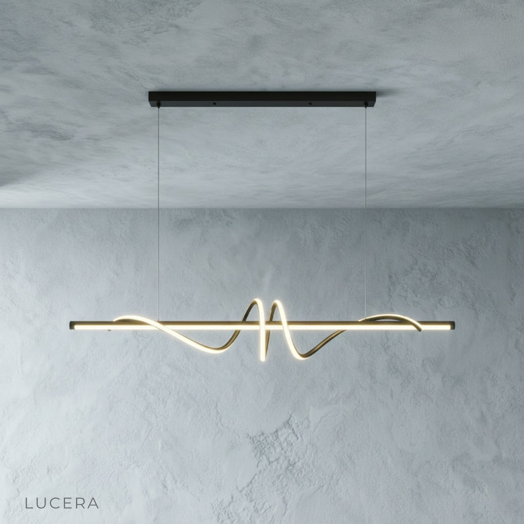 minimalist studio view of Umbral pendant light at 45-degree angle highlighting curved metal silhouette