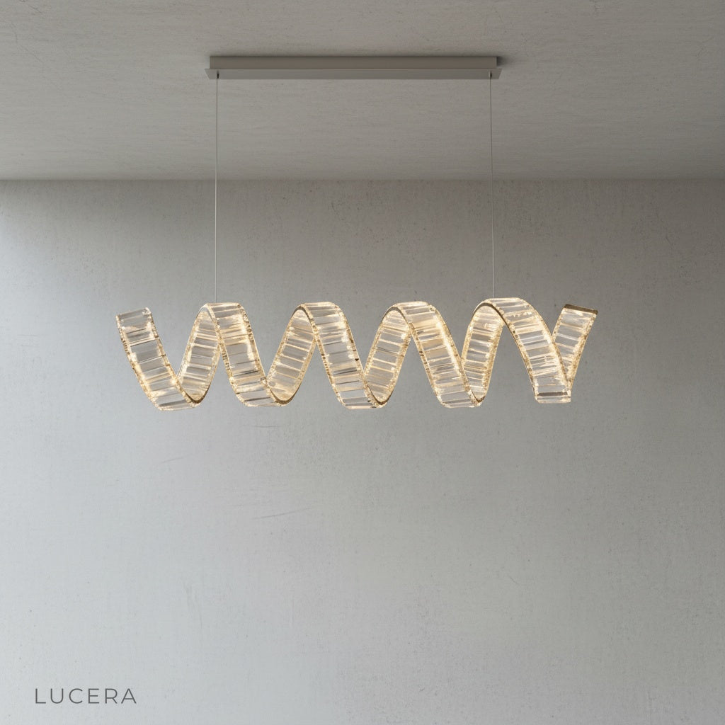 Davy's Grey Chandelier studio shot angled view showing spiral stainless steel body
