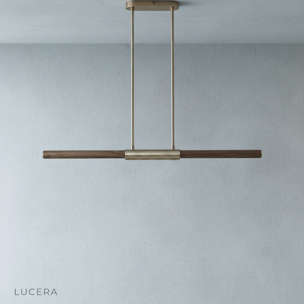 Griselda pendant light studio view from side angle highlighting copper and wood materials