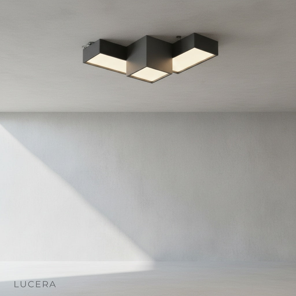 Minimalist black rectangular ceiling light angled studio product shot