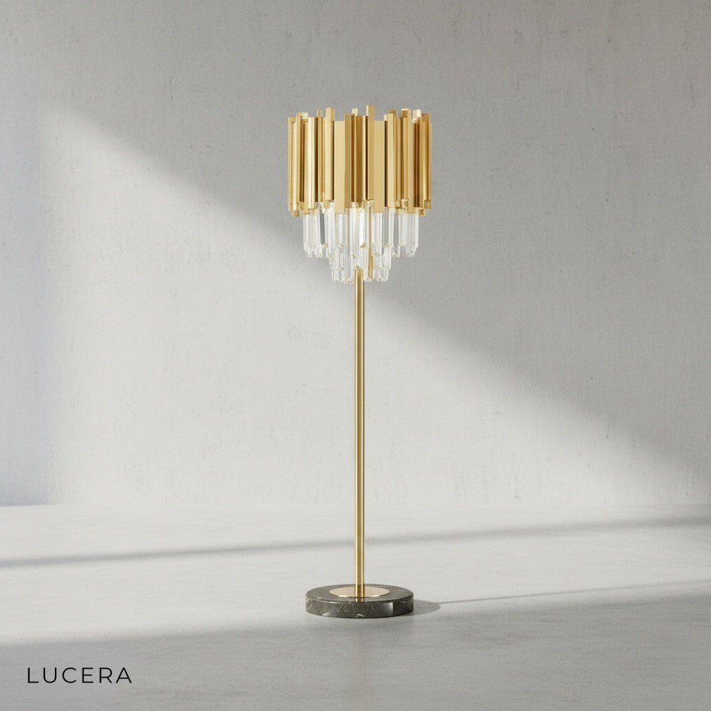 close-up of gold metal base and cobalt crystal spheres on floor lamp