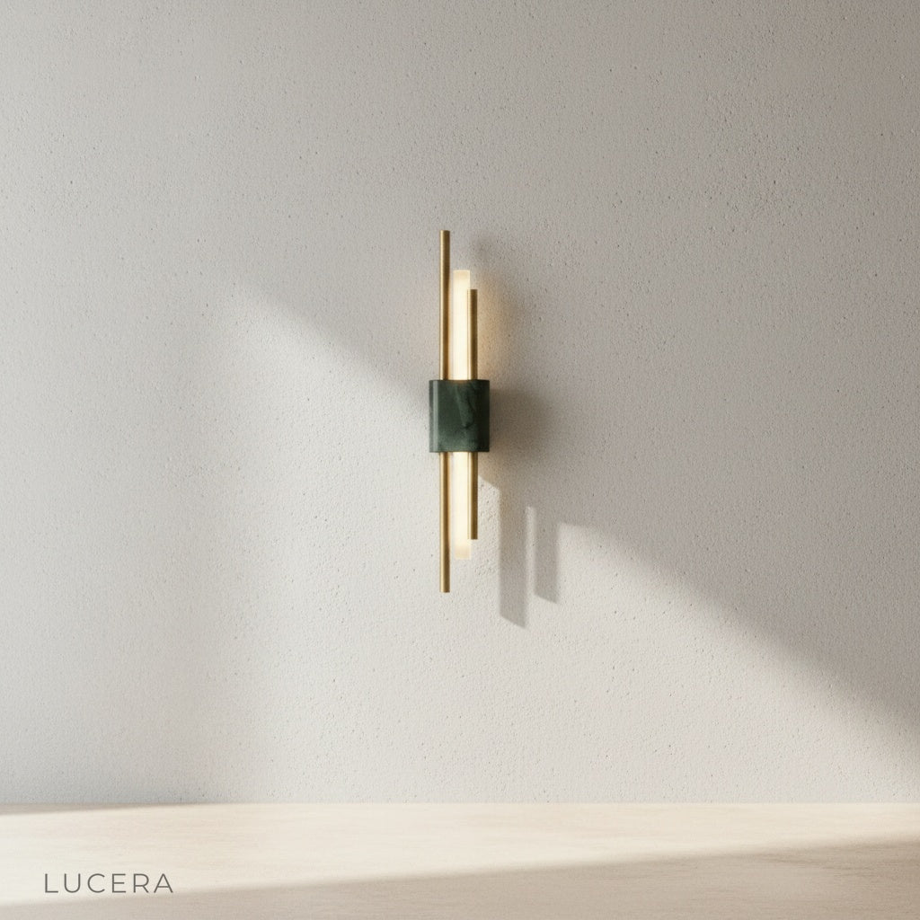 Xyloid wall lamp side profile on clean white background showing marble base detail