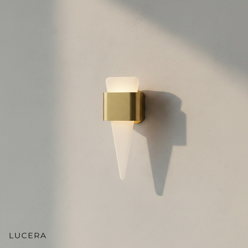 close-up detail of Passo Shark Tooth lamp showing brushed steel texture and warm 3000K light