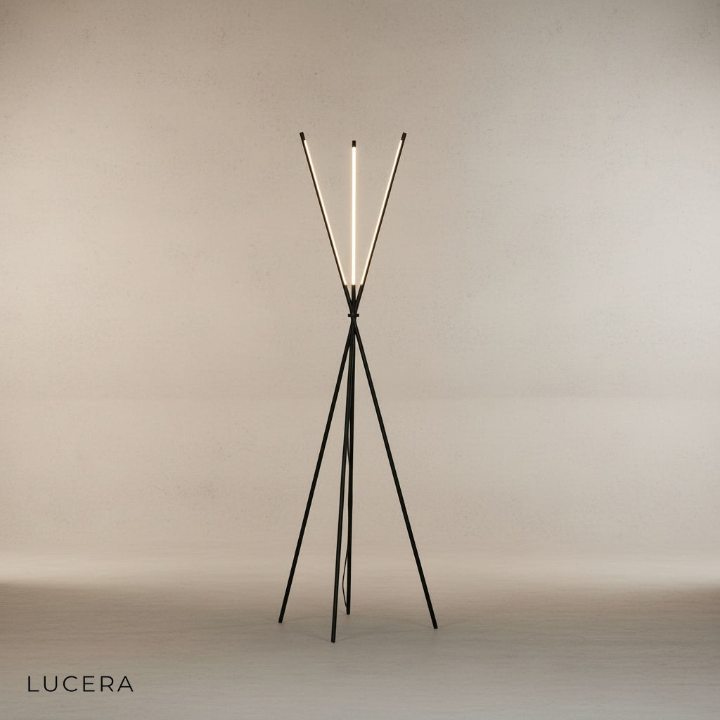 Iolite floor lamp with warm glow illuminating cozy reading corner with neutral decor