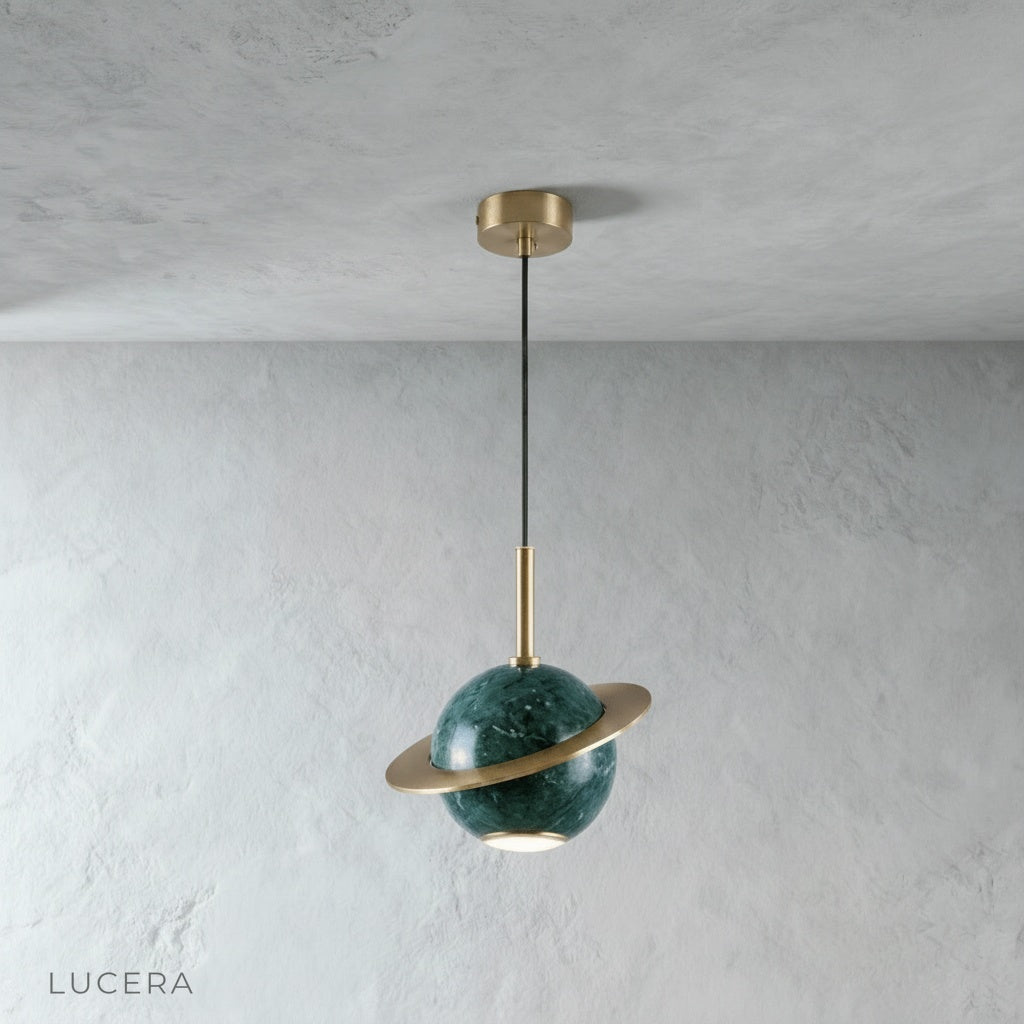 green marble sphere pendant light with copper ring front view