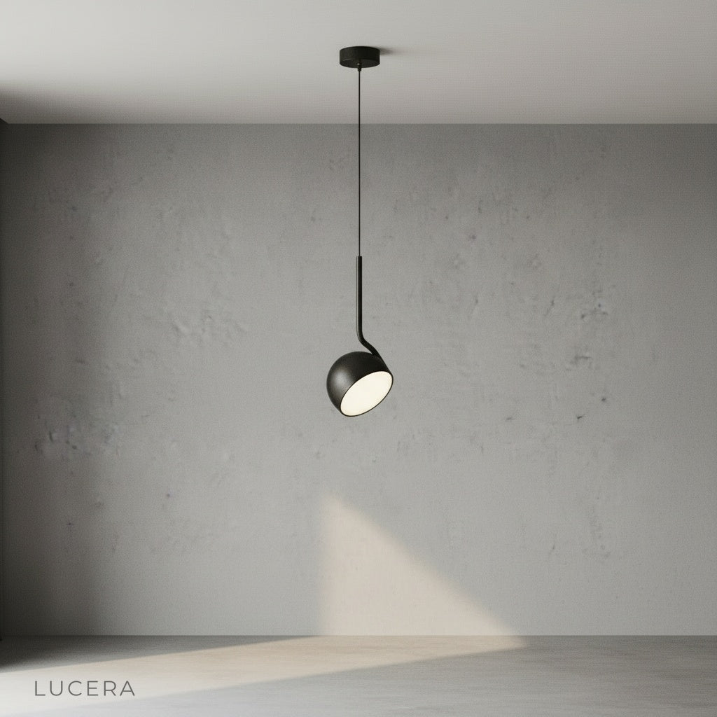 Black iron curved stem and dome shade Sancerre pendant light, studio product shot