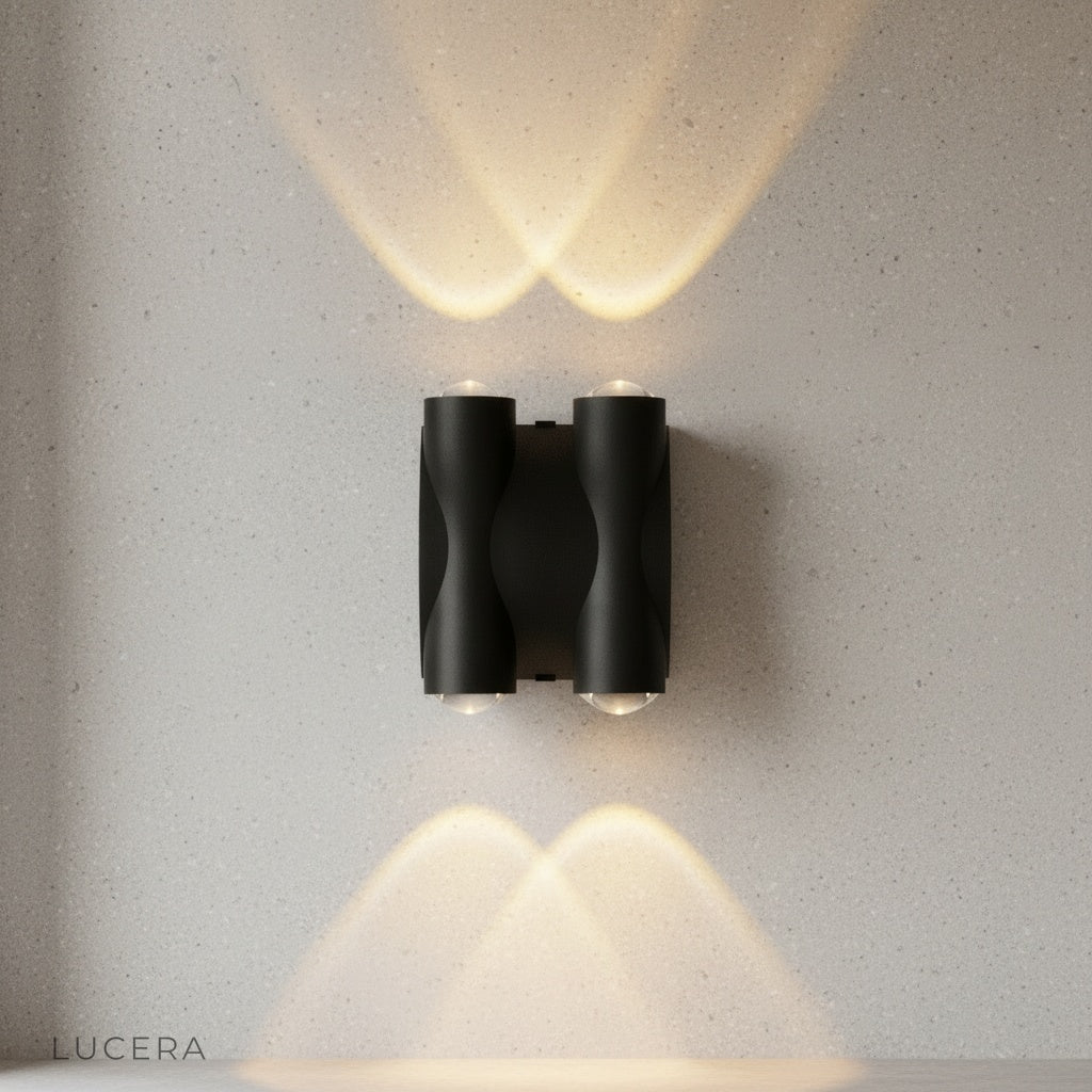 front view of minimalist aluminum outdoor wall sconce with clean lines