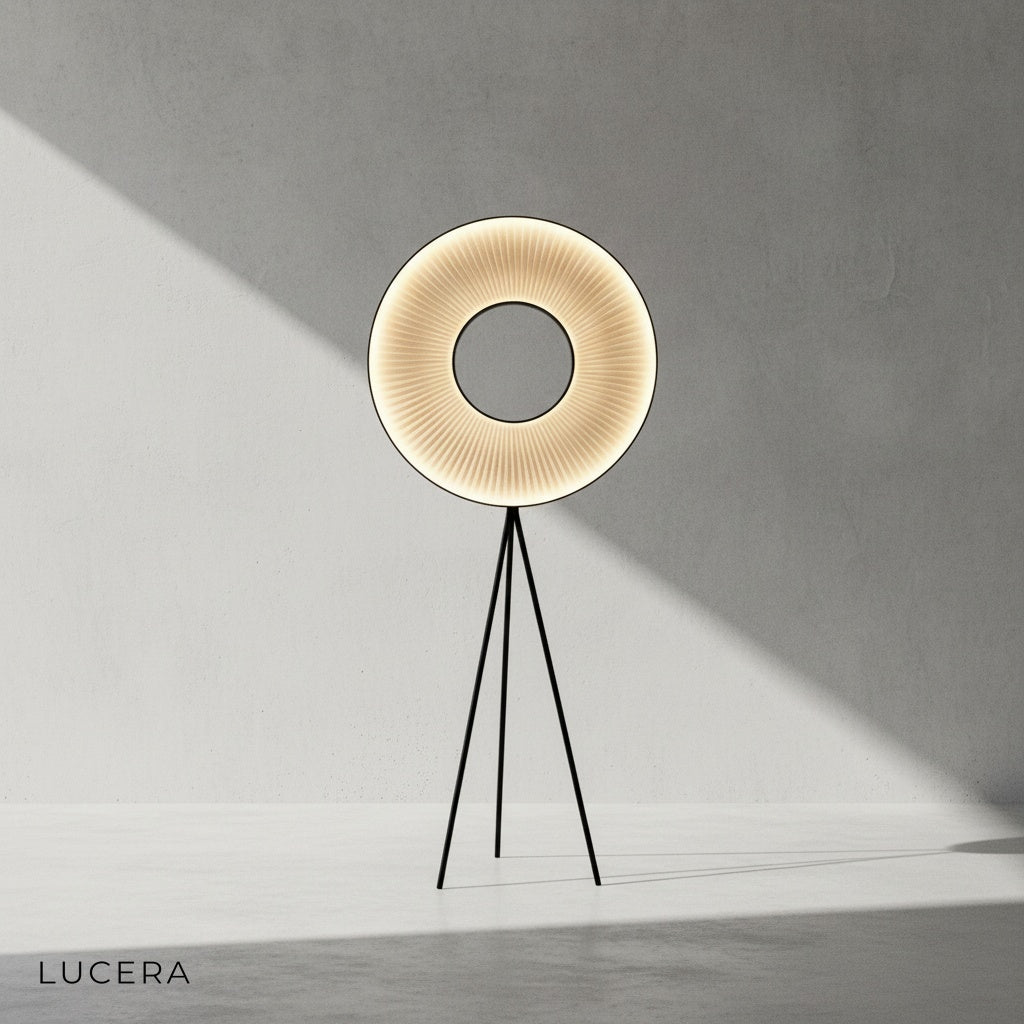 close-up of soft fabric pleats and slim metal frame on Kunzite LED floor lamp