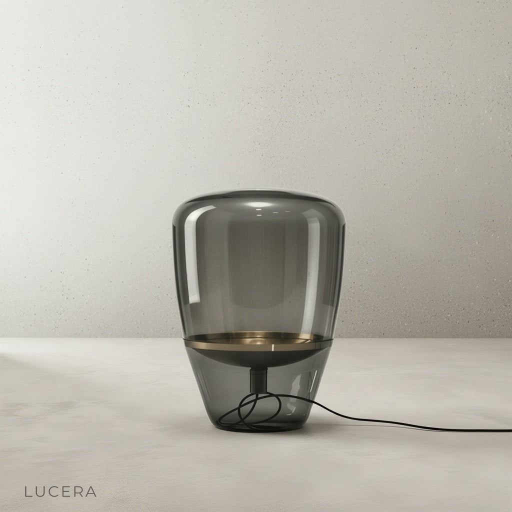 Lucera Sunburst Table Lamp with floating reflector, studio shot on neutral gray backdrop