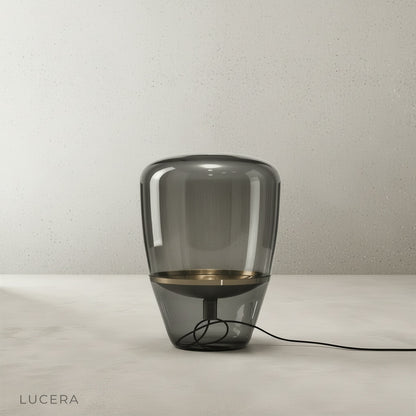 Lucera Sunburst Table Lamp with floating reflector, studio shot on neutral gray backdrop