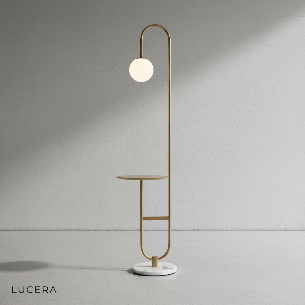 Close-up of the Chrysoprase floor lamp's round table surface and brushed metal stem detail