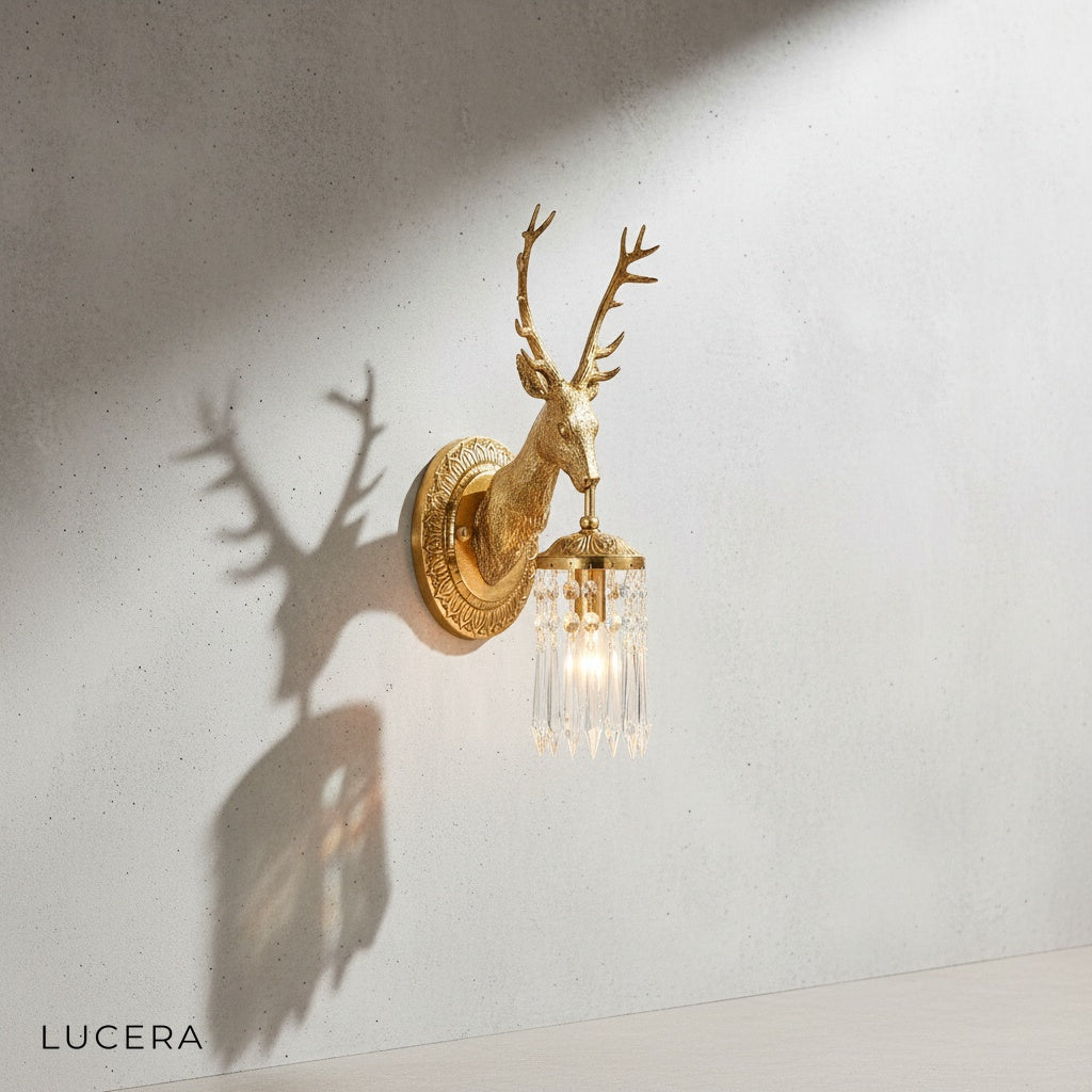Capri crystal deer head lamp in polished copper and clear crystal, side angle studio view