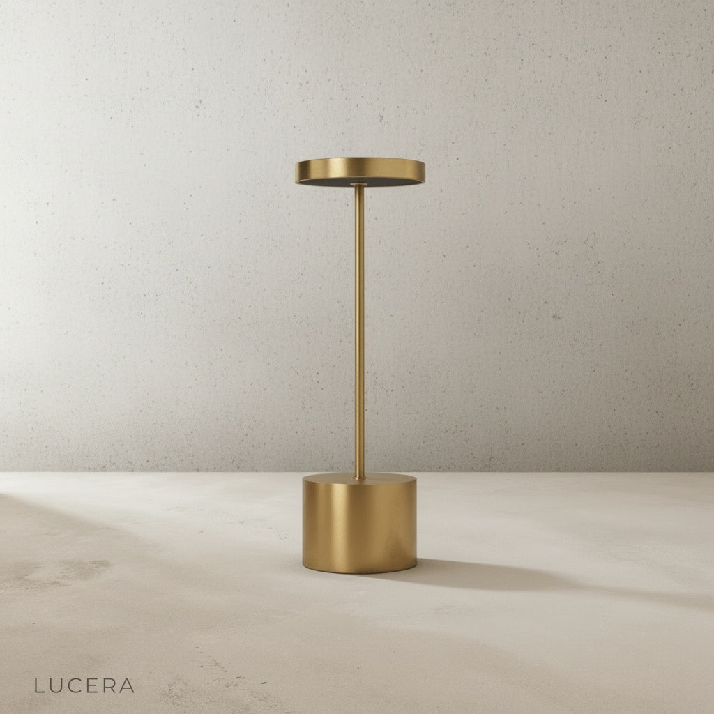 front view of round diffused Sinkhole Table Lamp on white studio backdrop