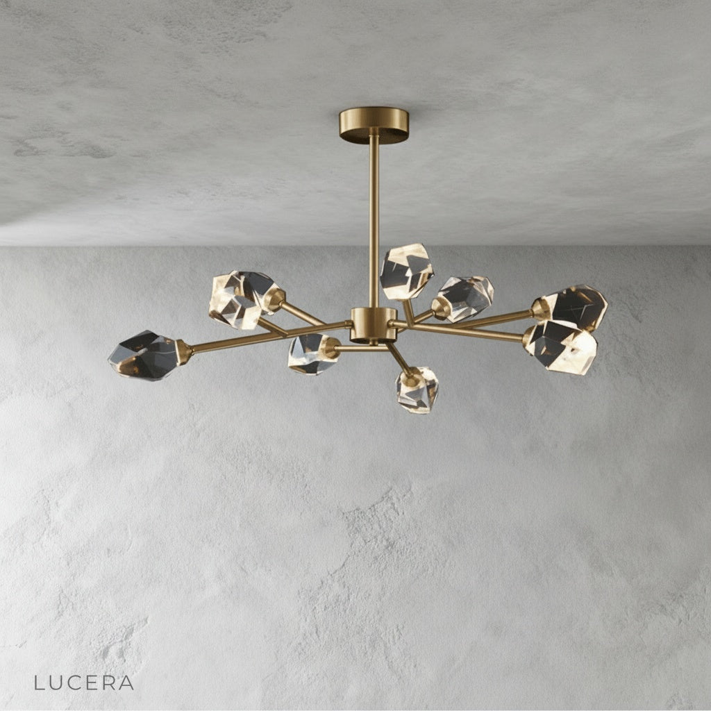 cassia chandelier front view studio photography highlighting crystal strands and copper frame
