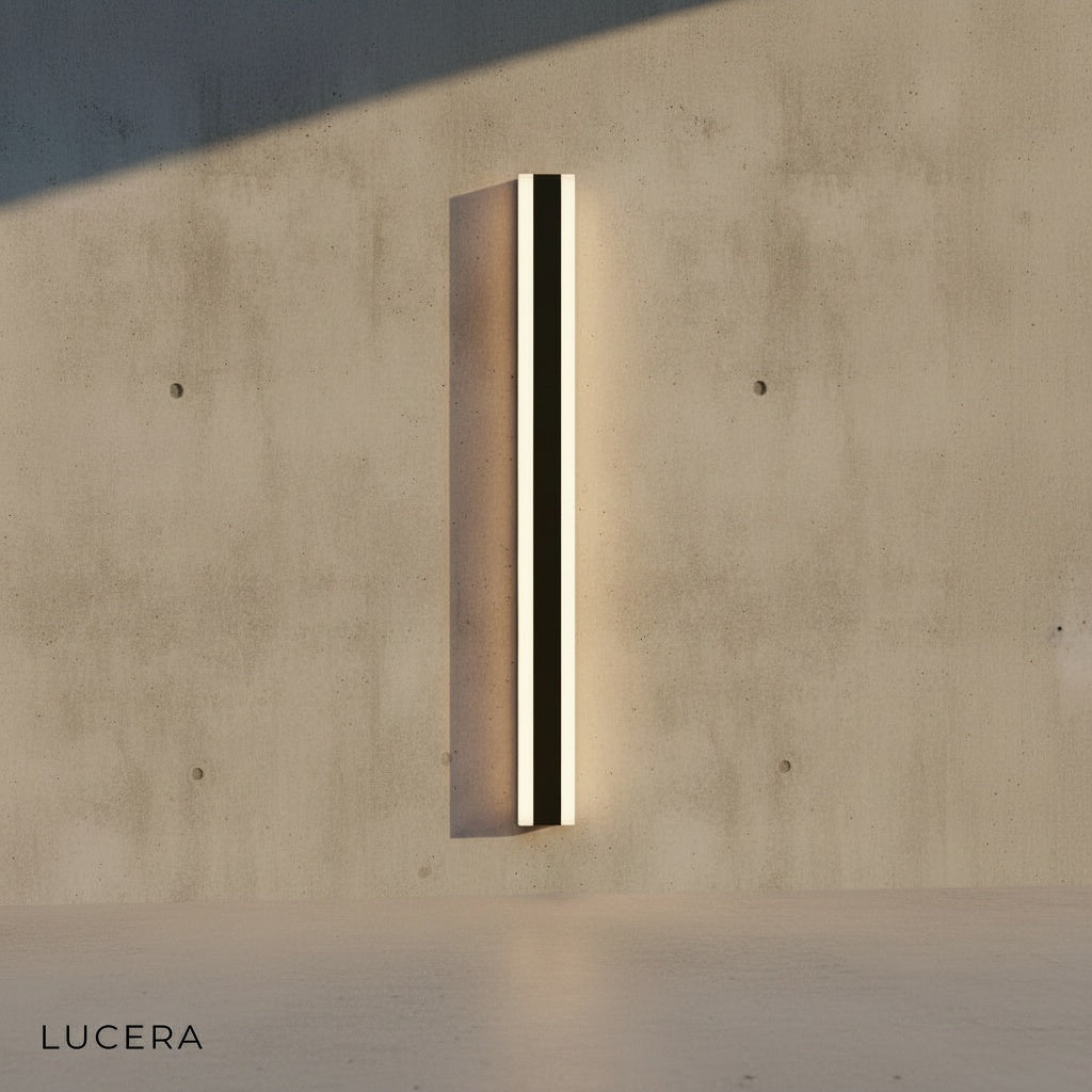 Front view of Yara smart outdoor wall light showing minimalist rectangular acrylic panel