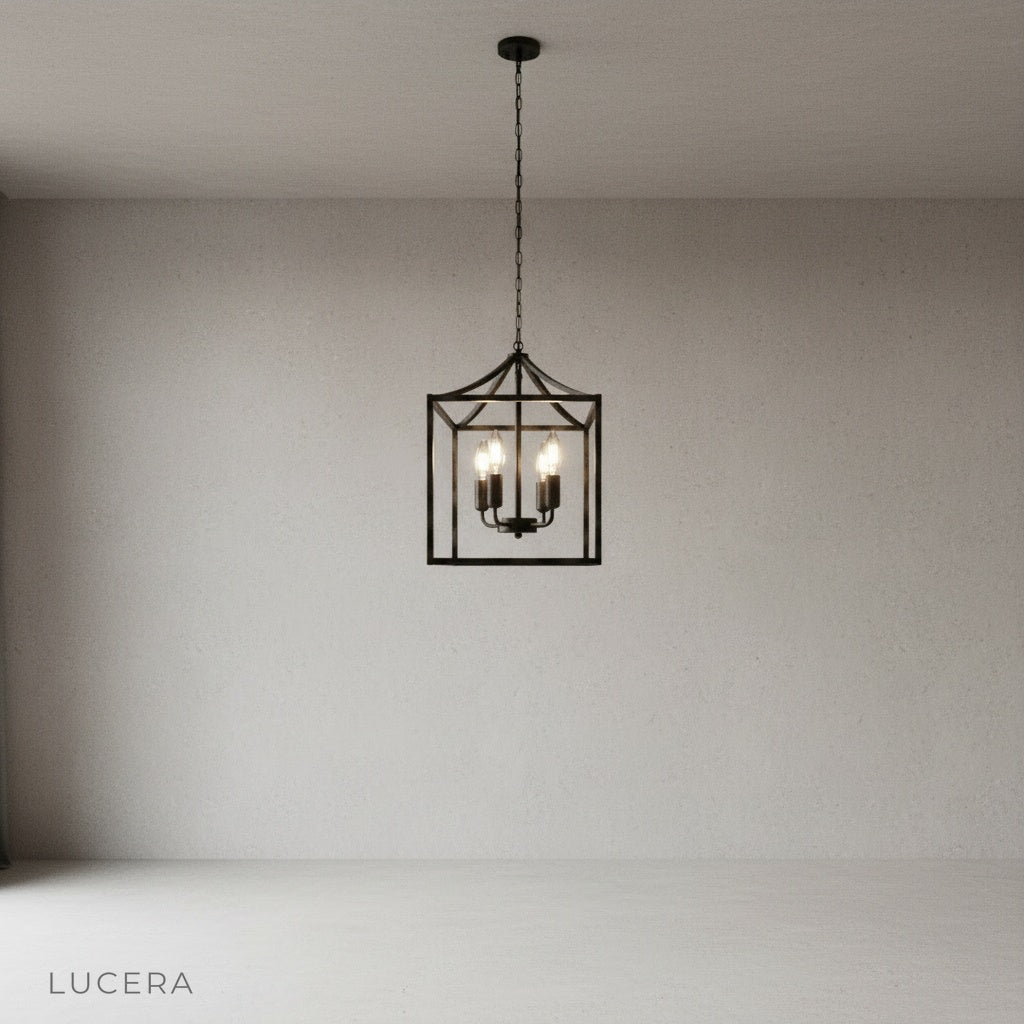 Sacristan three-light pendant fixture on clean white background front view