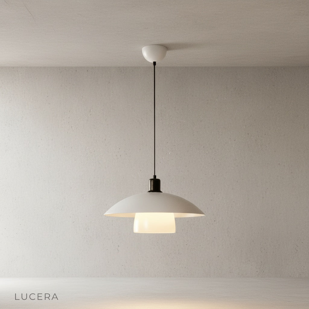 Eburnean pendant light studio angle view showing dual-layered glass shade and iron cord