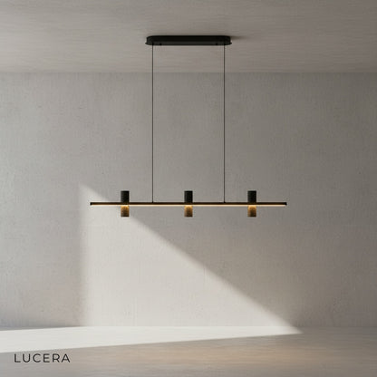 Close-up of black copper finish and natural stone texture on Feldgrau chandelier