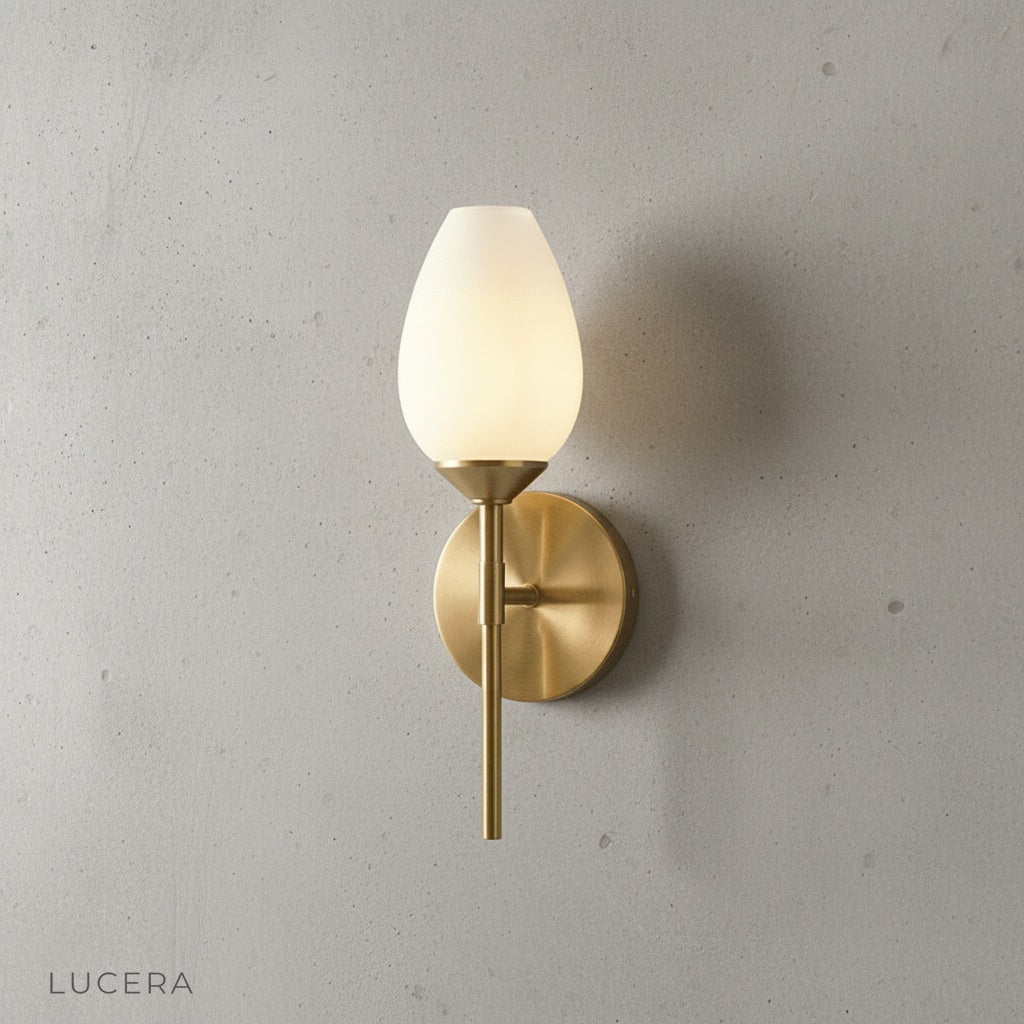 Whiskey Wall Lamp side angle showing copper stem and frosted glass shade