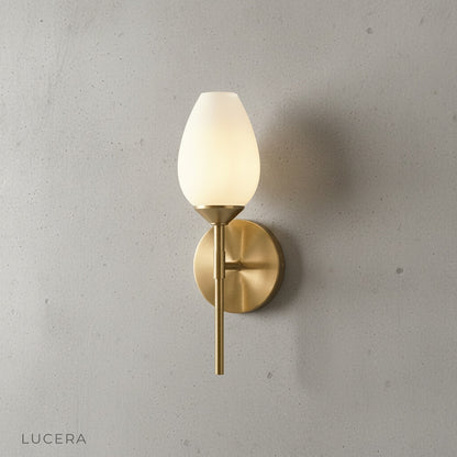 Whiskey Wall Lamp side angle showing copper stem and frosted glass shade