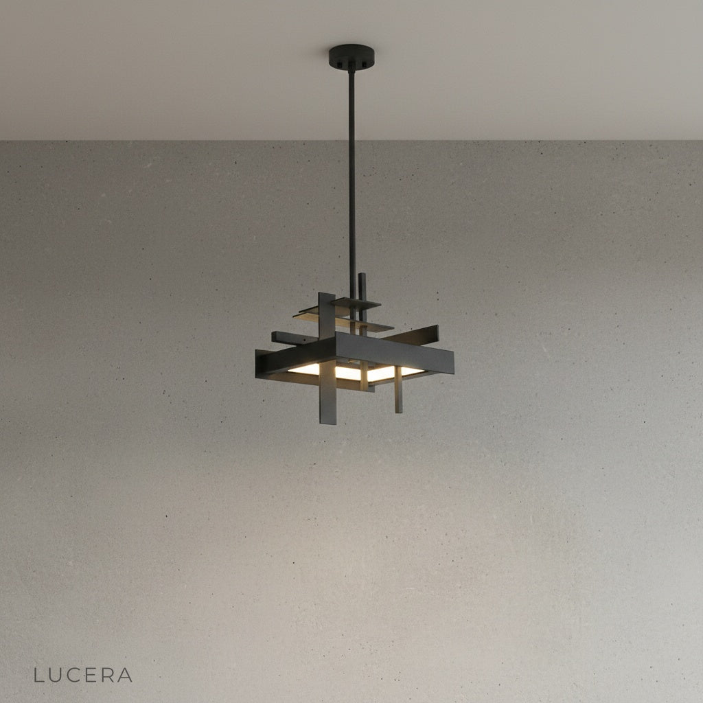 Minimalist studio view of geometric iron pendant light, side angle showing intersecting bars
