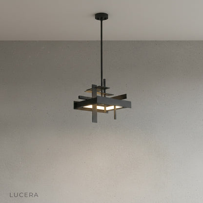 Minimalist studio view of geometric iron pendant light, side angle showing intersecting bars