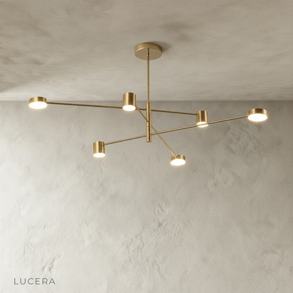 Front view of Winsor Blue Chandelier showing sleek blue aluminum arms and bulb sockets
