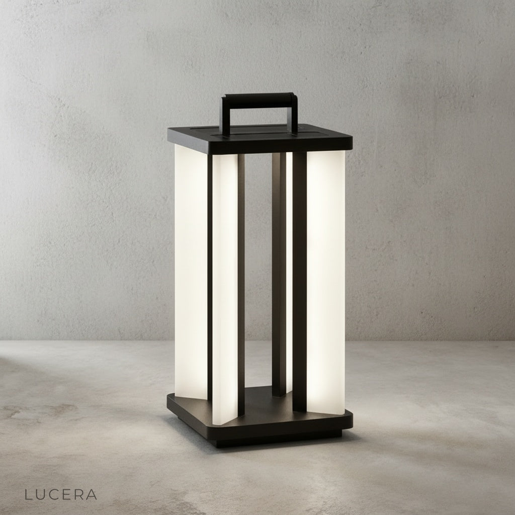minimalist polycarbonate lantern-style lamp angled view in a bright studio setting