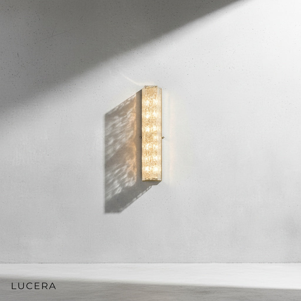 Opera Crystal Wall Lamp in covered outdoor patio setting with IP44 waterproof brass sconce lit at dusk