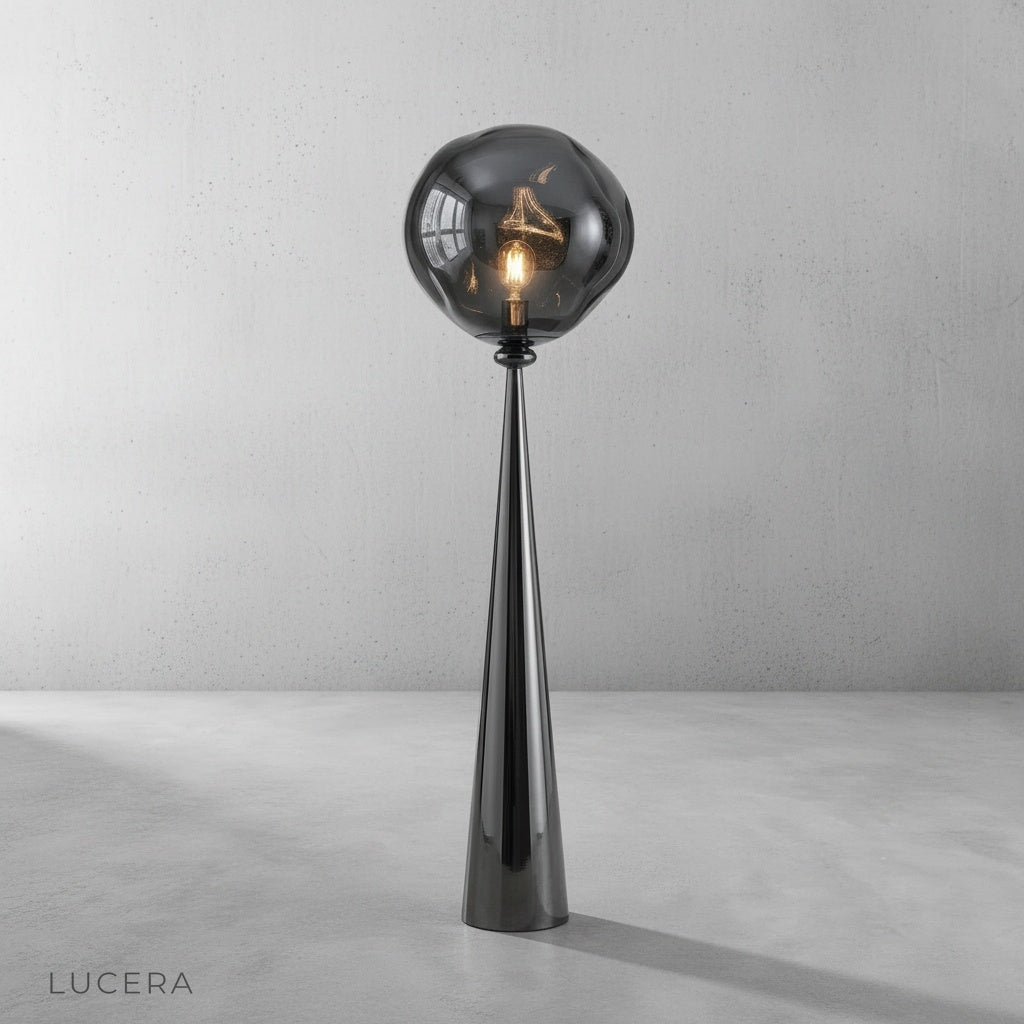 front view of Bastion floor lamp with distorted acrylic lampshade unlit
