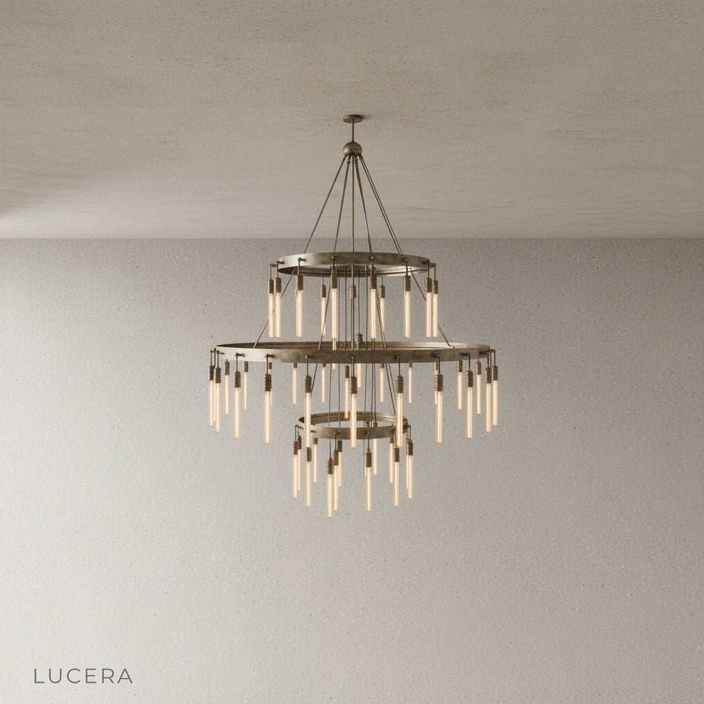 Wreathe chandelier on clean white background showing layered circular tiers and bulbs