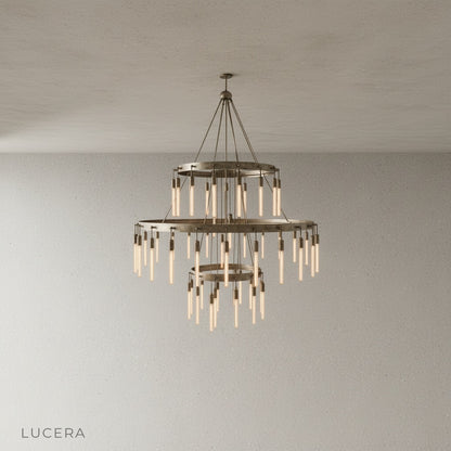 Wreathe chandelier on clean white background showing layered circular tiers and bulbs